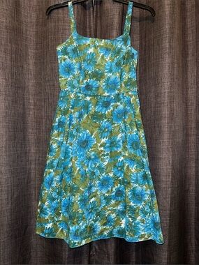 Talbots 100% Cotton Sz 6 Dress Petite Retro Style Blue Green Floral Fit & Flare